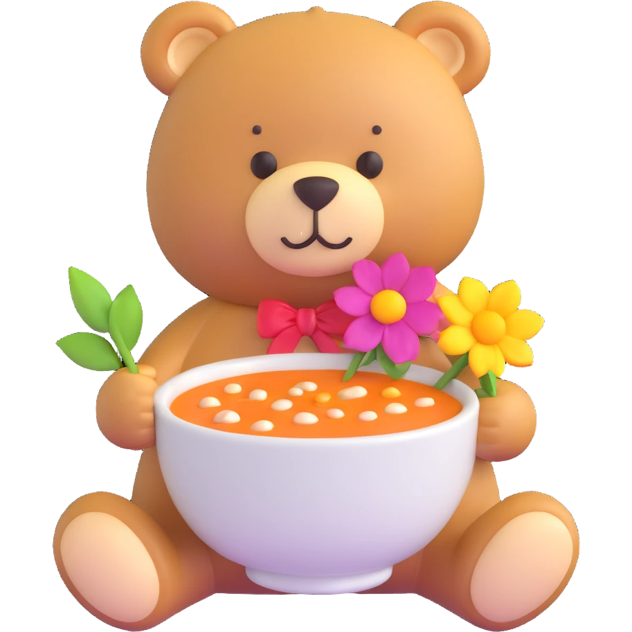 teddy bear with soup and flower emoji