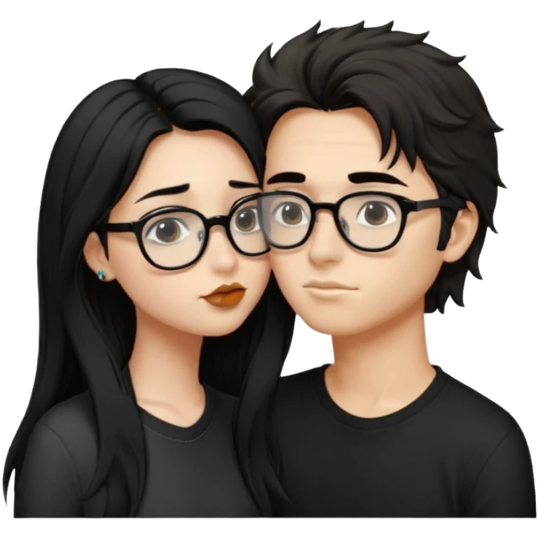 Un garçon avec les cheveux brin très clair ébouriffés, qui embrasse une fille avec les cheveux noir long et lisse , qui a des traits d’eye-liner et des lunettes noir avec un piercing au nez emoji