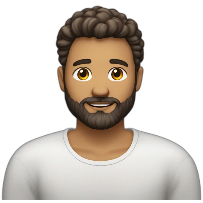 Un jeune homme blanc avec une barbe légèrement fournie, des cheveux très courts bruns et un regard confiant emoji