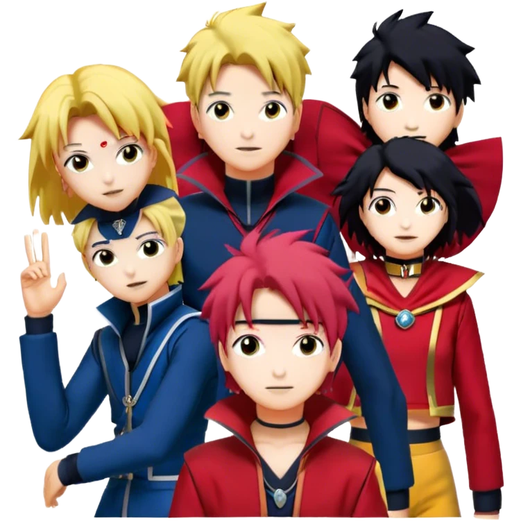 Icon for Anime Collage: Vibrant close-up collage Characters from Cowboy Bebop, Naruto, Bishoujo Senshi Sailor Moon and Kimetsu no Yaiba, each in their iconic poses and vibrant outfits, blended together with dynamic backgrounds. Transparent background. emoji