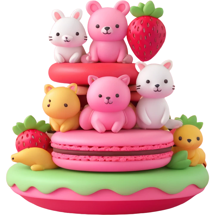 A 3D iOS style emoji of a pink macaron with a strawberry on top and three cute animals peeking out from between the layers. The macaron should have a glossy finish and soft shadows, with a light blue background and small yellow stars scattered around. emoji