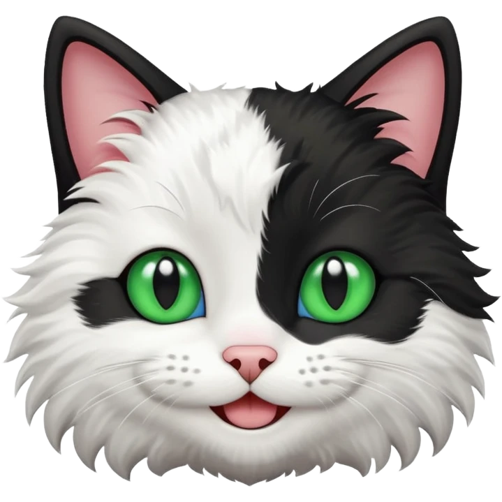 smiling black and white cat with blue and green eyes, mischievous expression emoji