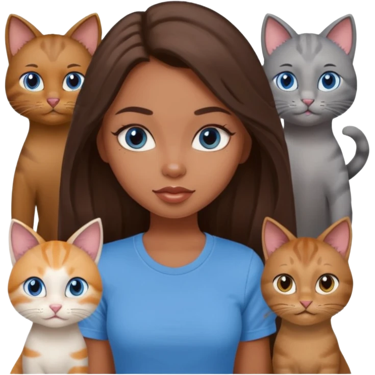 a pretty bratz dusky girl with long brown hair, blue eyes with six cats nd wearing a grey tshirt emoji