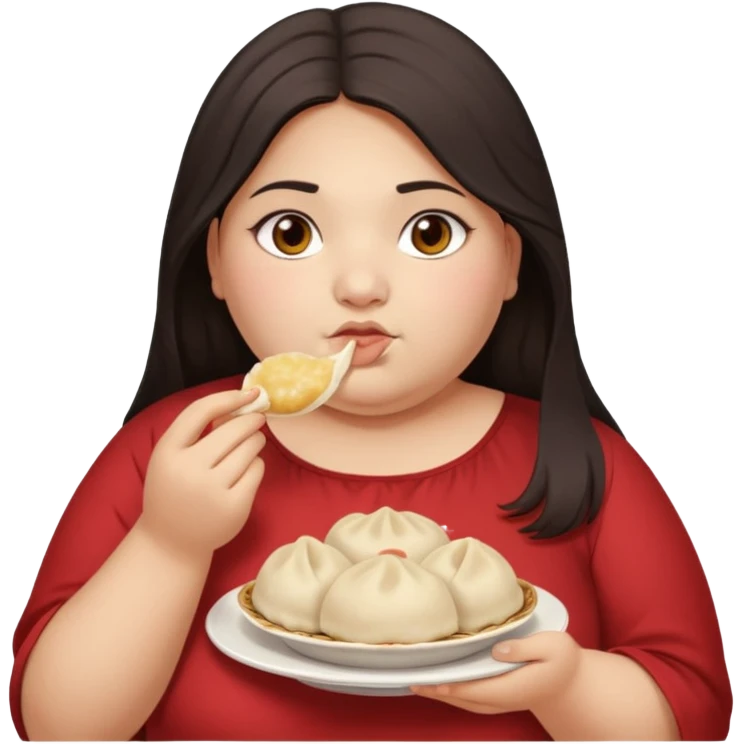 Can you create an emoji of a half Indian - half white 23 year old girl with dark brown mid length hair and brown eyes who is super obese and eating a dumpling emoji