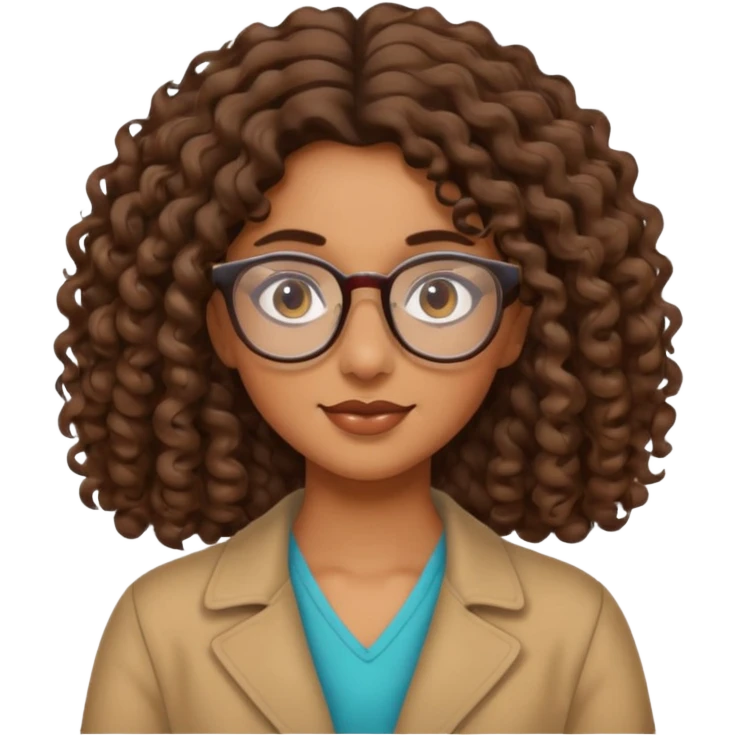 brown girl with wavy curly shoulder length hair. glasses, emoji