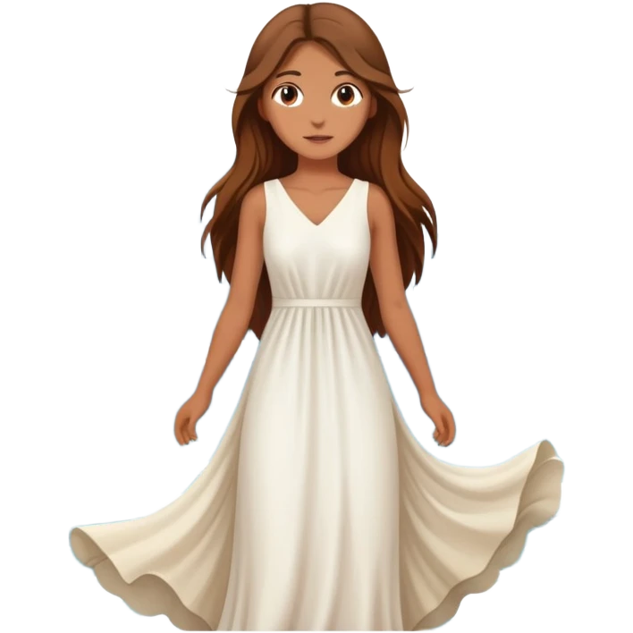 Girl with long brown hair wearing a flowing white dress, standing where the sea meets the mountains Montenegro in the background  emoji
