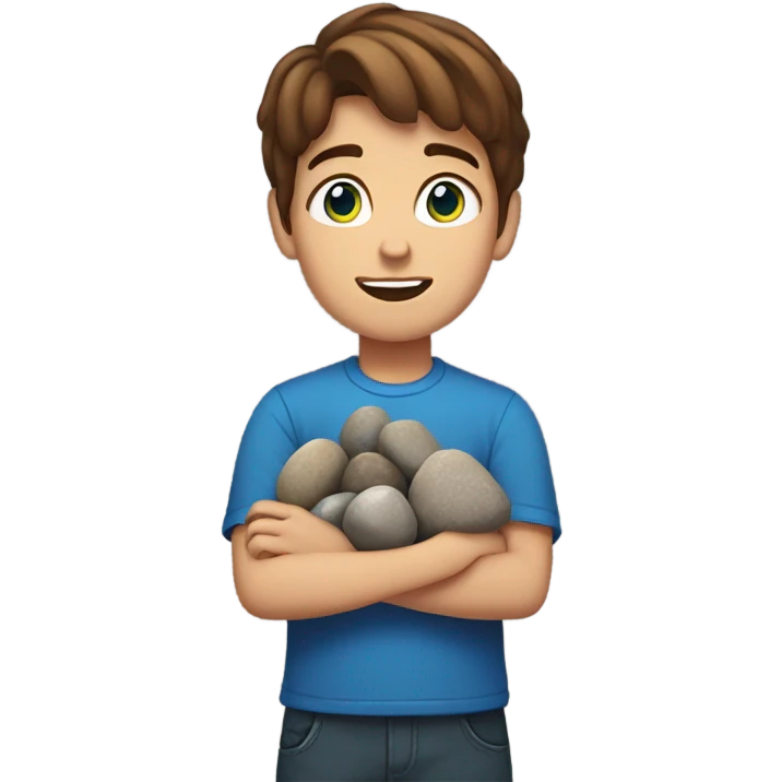 boy with brown hair and BLUE eyes. holding rocks emoji