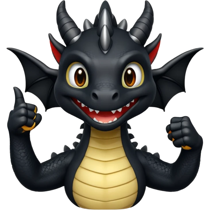 fully black dragon with white background and holding a talon up as a thumbs up…. Smiling at the screen close up. emoji