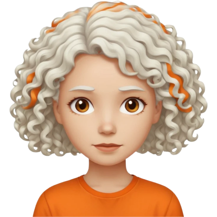 curly white  hair woman in orange shirt no smile emoji