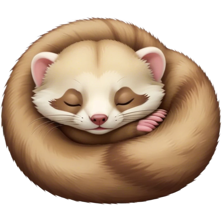 Meme-Worthy Cute Sleeping Ferret Portrait Emoji, Head resting peacefully with a contented smile, showcasing a long, flexible body curled up in cozy repose, luxuriously soft fur in warm brown and cream, and eyes gently closed in serene slumber, Simplified yet hilariously adorable features, highly detailed, glowing with a soft, drowsy natural light, high shine, relaxed and utterly lovable, stylized with an air of playful laziness, bright and heartwarming, soft glowing outline, capturing the essence of a sleeping ferret that feels destined to become the next viral sensation of adorable rest! emoji