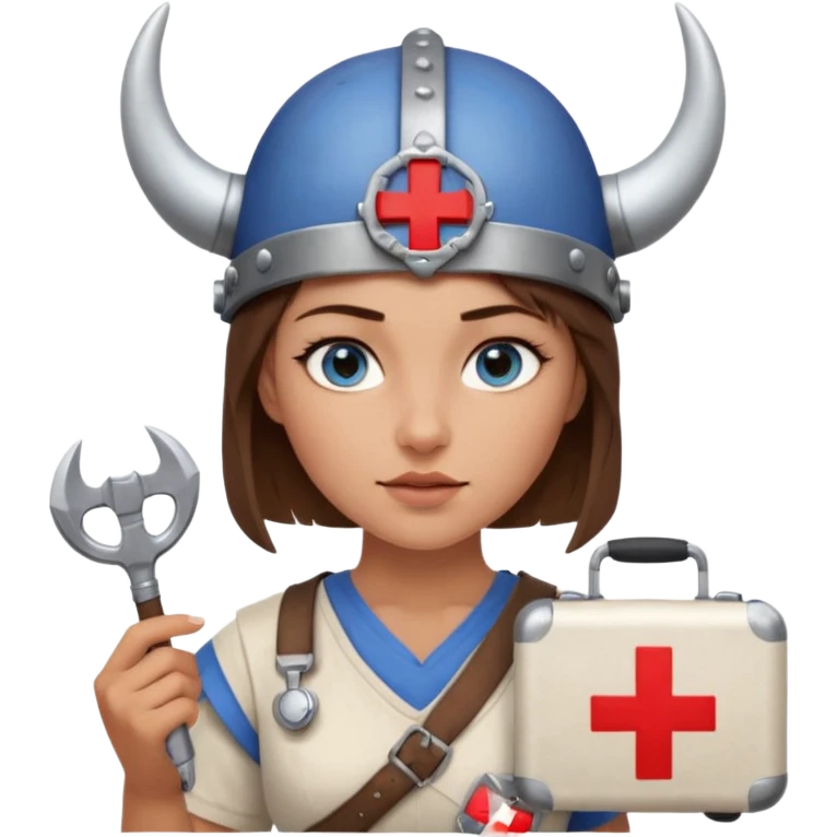 A young woman with beautiful blue eyes, short brown hair shaved on the sides, giving her a Viking look and a horned helmet. She holds a medical kit with a red cross icon in her hand. A stereoscope hangs around her neck. emoji