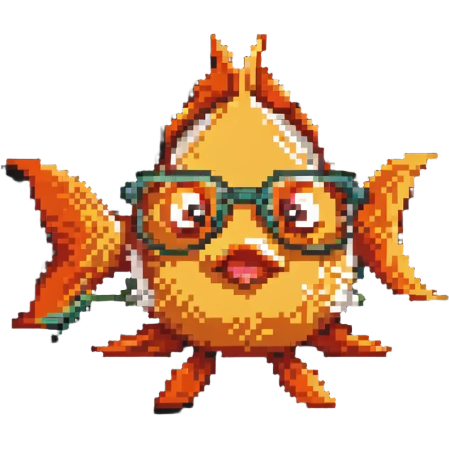 Pixelated goldfish with nerdy glasses making funny face emoji