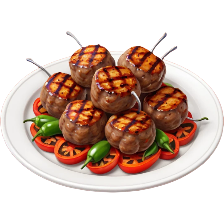 Akçaabat meatballs object icon, grilled Turkish kofte pieces on a plate, smoky char marks, juicy texture, served with grilled peppers and tomatoes, 3D cartoon, mobile game icon style, centered, clean background, no text, no watermark
 emoji