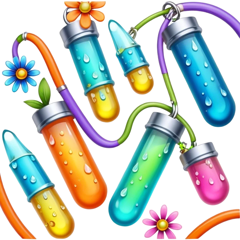 Create an icon that represents decorative arts using epoxy resin. The design should feature colorful tubes of resin, including fluorescent resin tubes, with visible drops or strokes of resin being applied to create intricate designs. Include finished resin jewelry pieces, such as pendants or rings, containing preserved flowers and insects encased in clear resin. The composition should feel vibrant, artistic, and delicate, showcasing the unique beauty of resin art with natural elements. The background should be transparent emoji