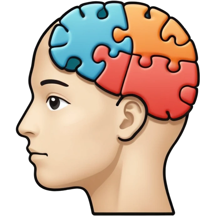 Minimalistic flat vector icon, iOS style, thin black contour on white background. Human head profile with a brain inside, split into puzzle pieces. No text, no shadows. emoji