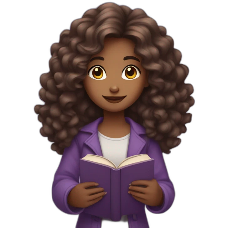 A girl with thick wavy hair, purple eyes and a book in her hands emoji