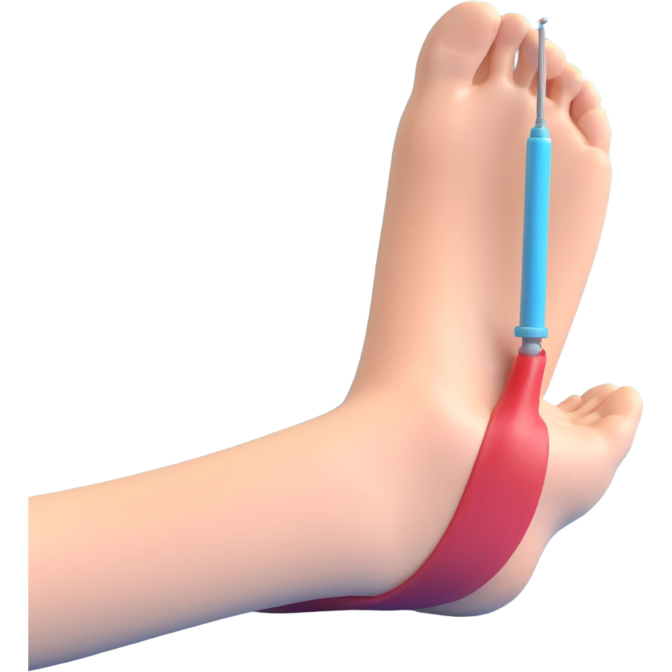 intraosseous puncture procedure with needle inserted in tibia, hospital context emoji