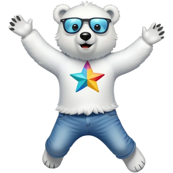 friendly anthropomorphised polar bear mid-jump, arms raised, excited expression, wearing a shirt, jeans, trainers, oversized colorful star glasses emoji