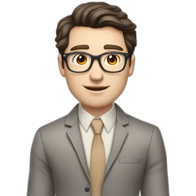 Pale skinned fit man with dark brown hair in gray jacket, beige office shirt, brown tie, brown pants and vintage glasses Writing text on the flipchart emoji