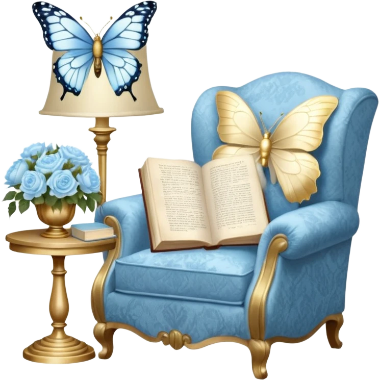 A cozy vintage-inspired reading nook, with an overstuffed ivory armchair, a golden reading lamp, and a bouquet of soft blue roses, white peonies, and dahlias resting on a small lace-covered side table, as a pearl butterfly gently rests on the open book.  emoji