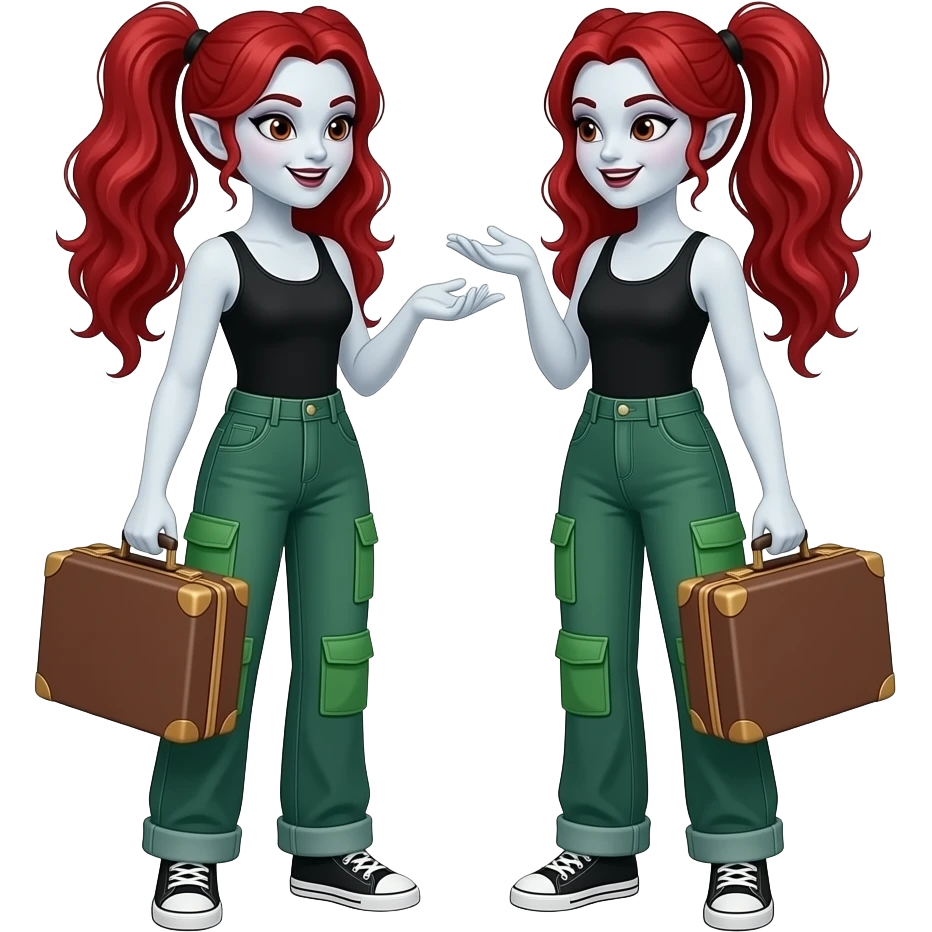 Vampiro femmina con pelle bianca e capelli rosso ondulati lunghi raccolti in una coda che indossa dei jeans verdi larghi con 4 tasche verdi, un top-canottiera nero e degli anfibi corti neri e che tiene in mano una valigia e sta chiacchierando con la sua amica VAMPIRO che tiene anche lei una valigia emoji