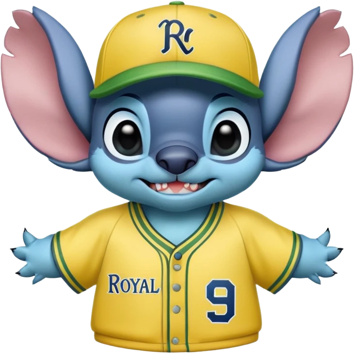 Stitch with a yellow and green baseball jersey with the name royal greys and a cap emoji