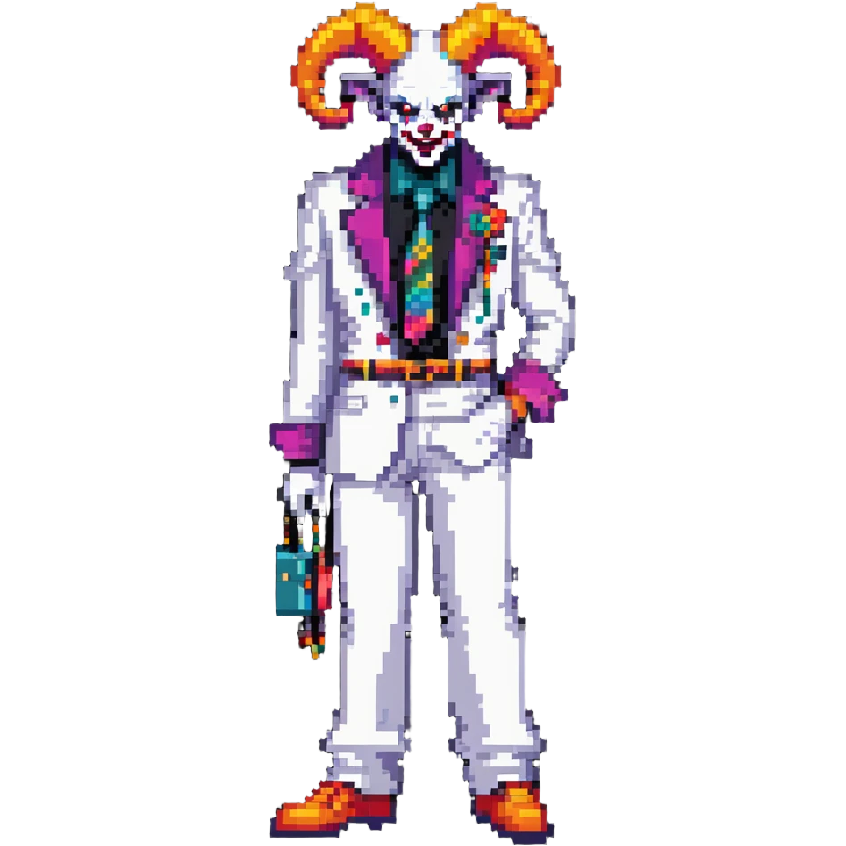full-body demonic clown in a white leisure suit with bellbottom pants, bald, black ram horns, elevator shoes, flashy belt, ruffled shirt, colorful tie emoji