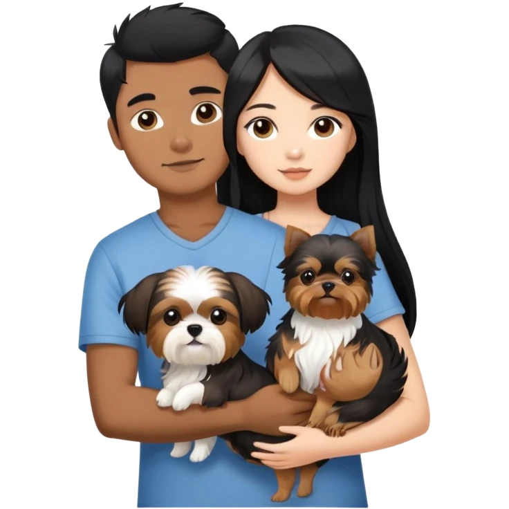 A beautiful Asian girl with long black hair is holding a small Yorkshire Terrier. She is standing next to her brown skinned boyfriend, who is holding a Shih Tzu. They are each holding one dog each emoji
