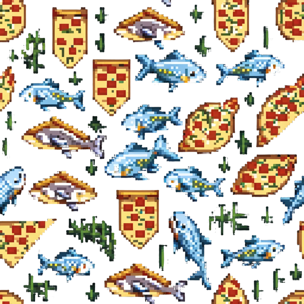 Fish pizza with fish toppings on a pizza crust, 8-bit style emoji