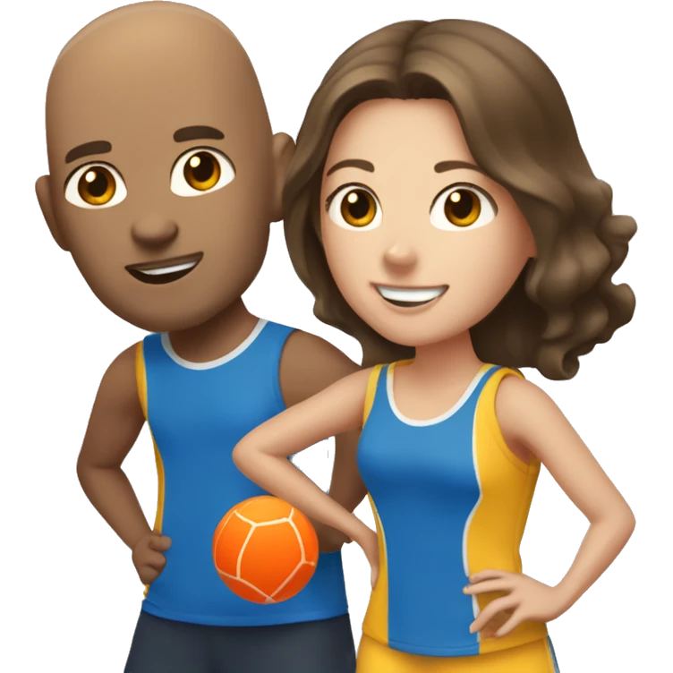 1 tall bald male, 1 shorter brown hair male, 1 girl with long brown hair, 1 girl  with brown hair all playing pickleball emoji