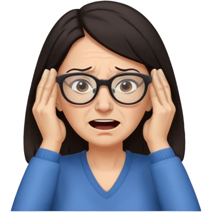 middle aged woman with dark hair and glasses covering her ears, wincing in pain because the sound is terribly loud and hurting her ears emoji