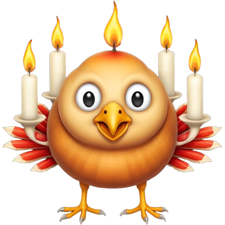 grotesque, round, turkey-like creature with turkey legs with a candle on its head. emoji