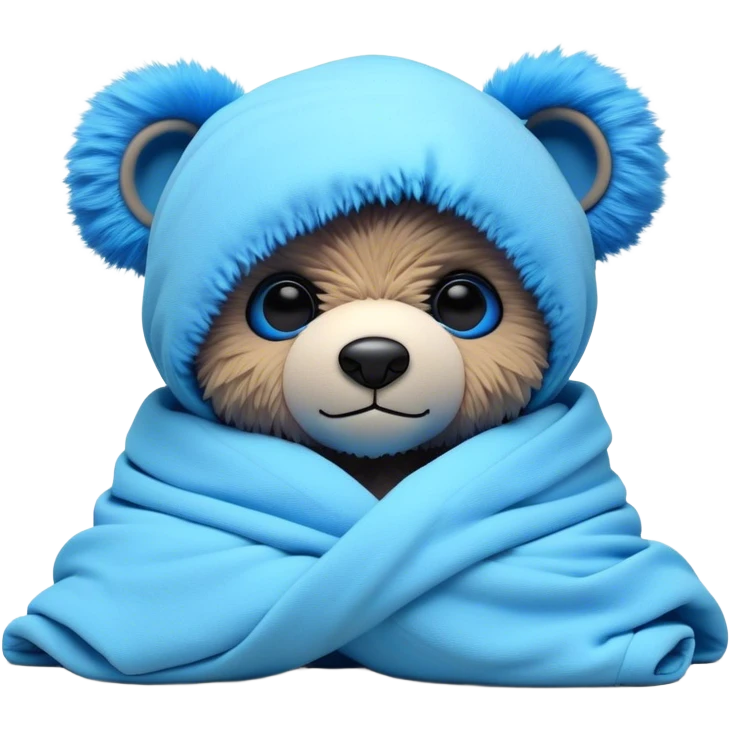 3D, adorable little Pixar style blue neon punk teddy bear wrapped in a comforter, ultra detailed, each lash, eye, and strand of fur is shown in stunning detail as though captured in a timeless photograph, rich textures, visually rich, so lifelike it feels like it could leap off the page at any momen emoji
