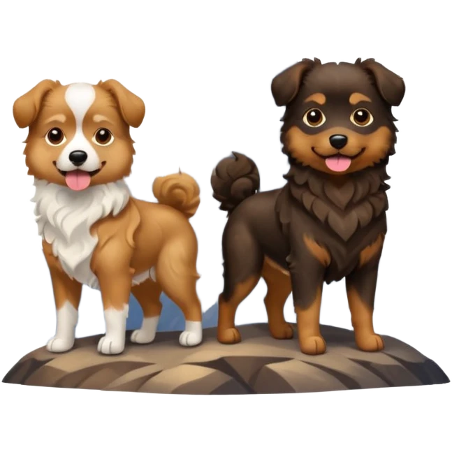 two dogs with wavy hair, one black and brown, one shades of brown with mountains emoji