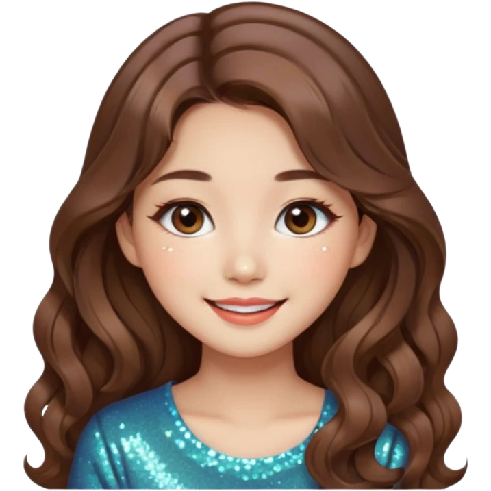“korean brown hair Emoji girl, soft eyeliner, gradient lips, light brown shimmer eyeshadow, sparkly aegyo-sal, long wavy hair,  emoji