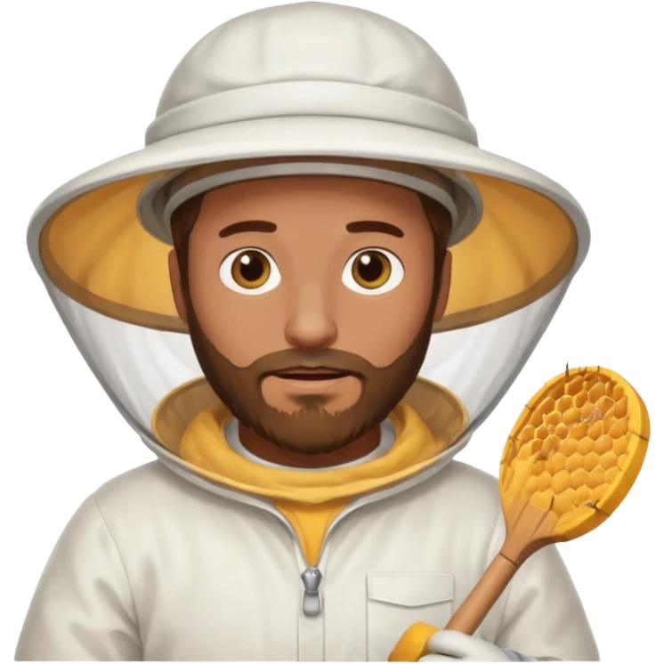 male bee keeper with brown hair and beard, white outfit,  emoji