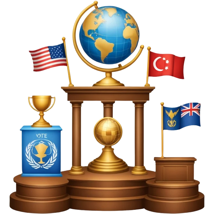 icon featuring podium with a speaker, national flags, and voting ballots, symbolizing political science. The design includes a globe and scales of justice in the background, representing governance, global affairs, and political theory. Transparent background emphasizes civic engagement and policy. emoji