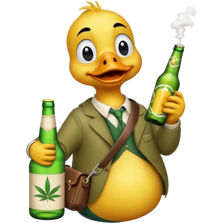 Drunk and high duck animal holding wĺeed bottle and a bag of weed. Looking really drunk emoji