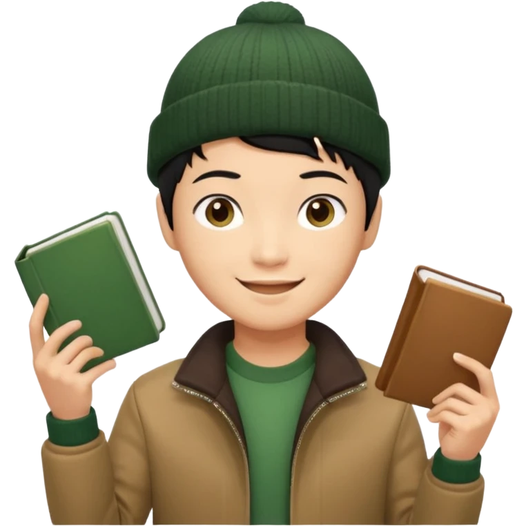 asian, tan skin, non binary asian man with pixie cut black hair, wearing brown jacket and dark green beanie, smiling , holding up books  emoji