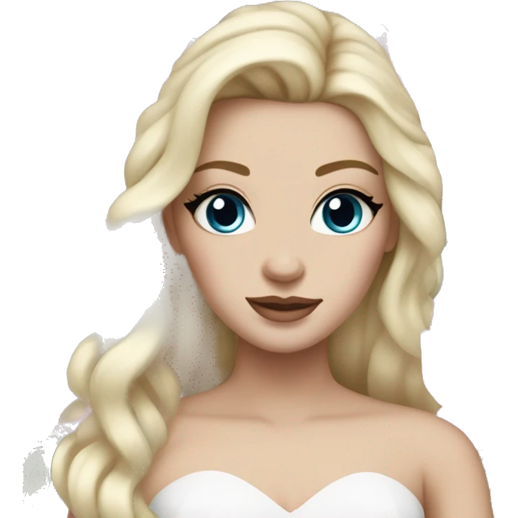 White bride with long light blonde hair and blue eyes with light pink peonies in hair white skin  emoji