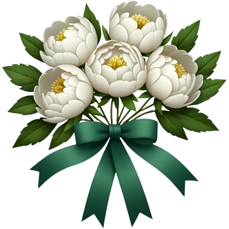 several white peonies tied with a dark green ribbon, minimalism, iOS emoji style, no faces or smileys emoji