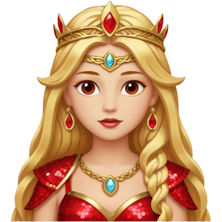 Freya, Goddess of Love from Gods and Goddesses with long golden blonde hair, red sequin outfit emoji