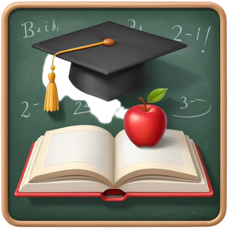 An icon featuring an open book, a chalkboard with lesson plans, and a pencil, symbolizing education and pedagogy. The design includes an apple and a graduation cap, representing teaching and learning. Transparent background highlights the growth and development in education. emoji