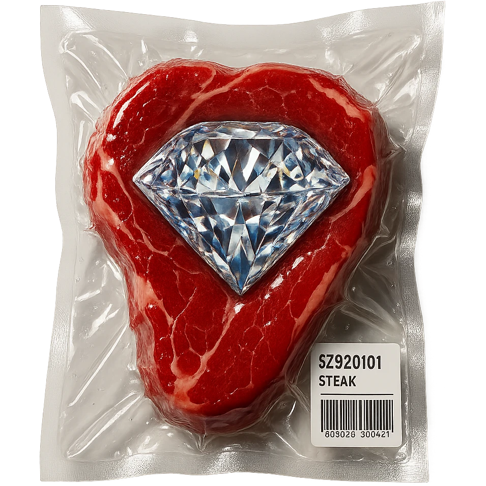 meat steak with sparkling diamond facets, glossy and puffy, vacuum-sealed style emoji