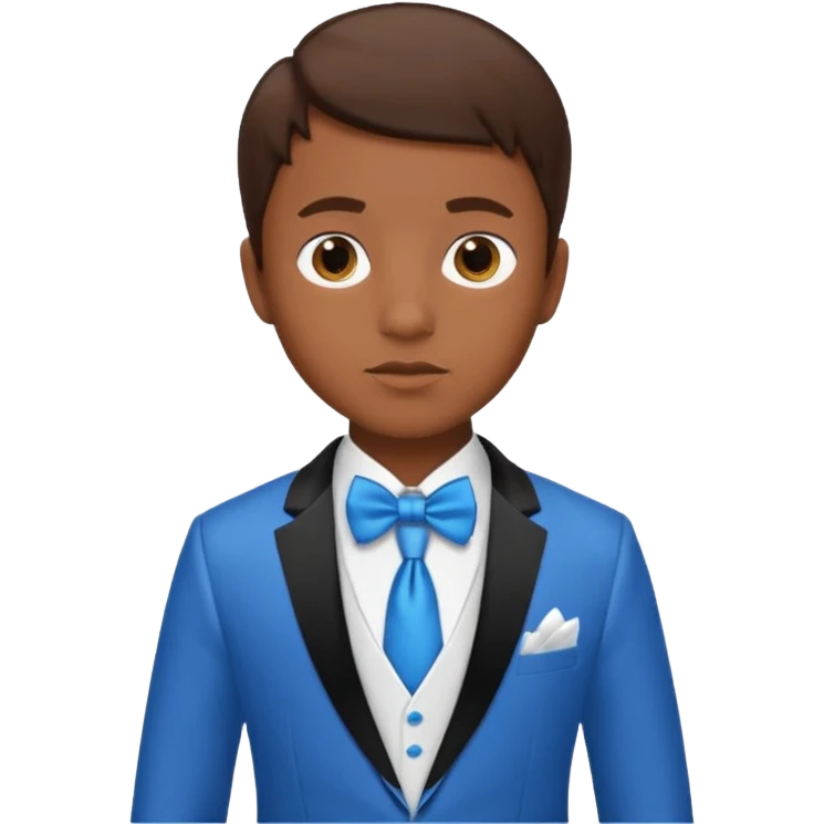 A boy with dark brown skin and I little bit of brown hair and a white tuxedo with a blue tie emoji