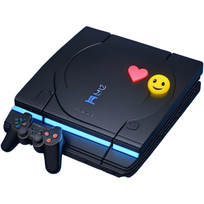 Clash of Clans aesthetic: Cinematic Playful PlayStation 2 Slim Portrait Emoji, rendered in a 3D vector-style similar to standard emojis with minimal shading and bold, simplified shapes. A compact, distinct form with signature details, softly glowing with a cutting-edge console technology charm. Simplified yet unmistakably iconic, highly detailed and consistent, glowing with a soft radiance and high shine. Stylized with a touch of technological advancement and a soft glowing outline, capturing the essence of a beloved gaming relic with a friendly, playful manner! emoji