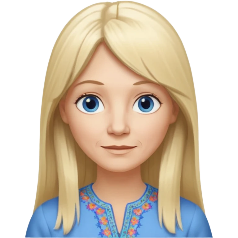 50 yr old white woman, hippie part bangs, very long straight blond hair, oval face, small smile, blue eyes, thin face, hair downback, hair parted at center of head, round cheeks, pale, longer hair, dress shirt emoji