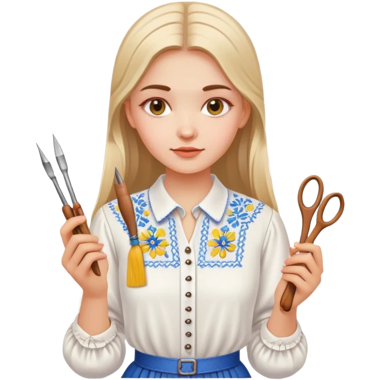 Ukrainian young girl in white embroidered traditional shirt holding needlework tools emoji