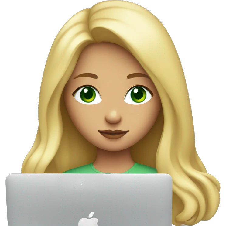 young blonde girl with green eyes sits at macbook emoji