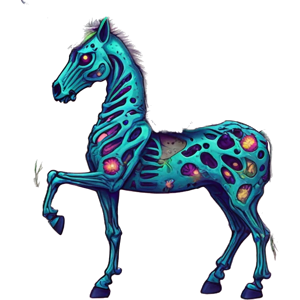 Neon Zombie Pegasus unicorn skeleton psychedelic flowers floral groovy art neon rave raving emoji